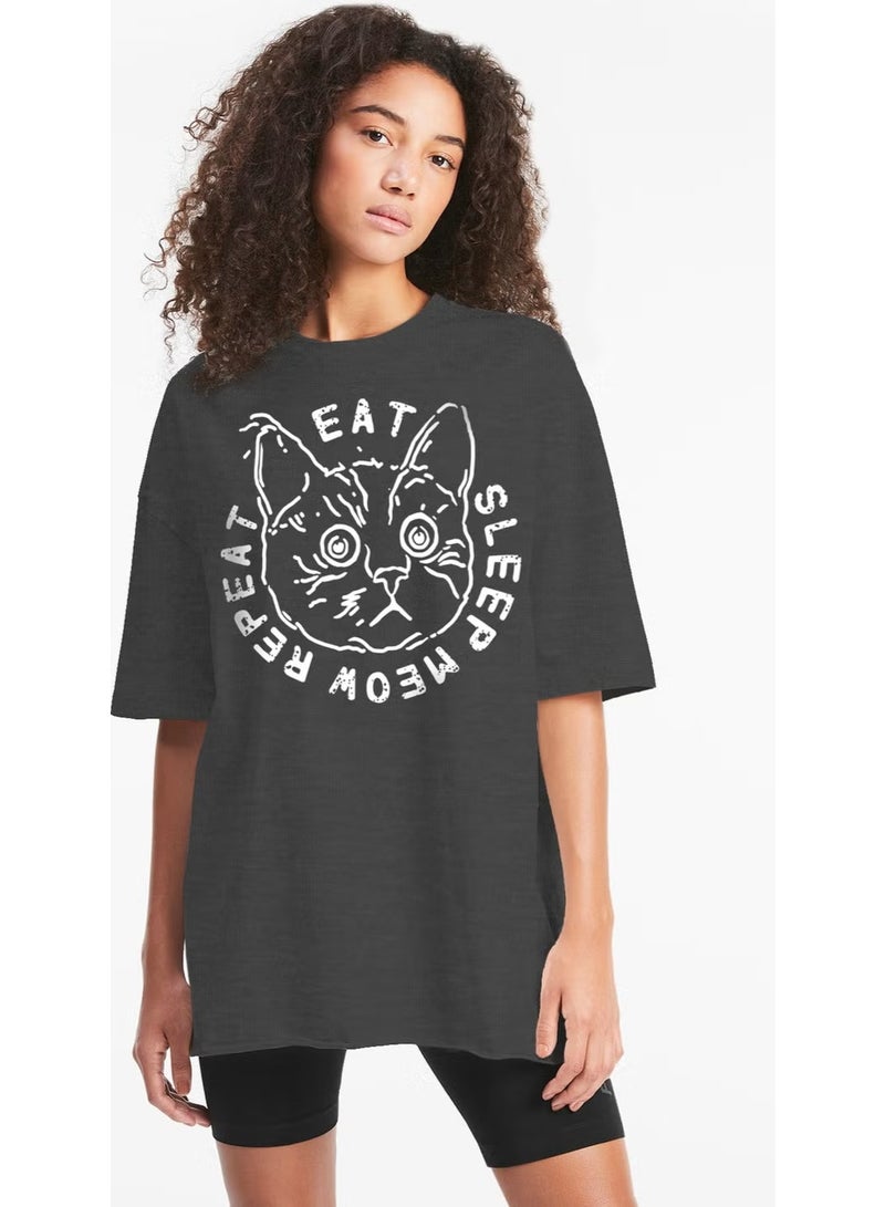 Rock&Roll Confused Cat Anthracite Oversize Short Sleeve Women's T-Shirt - Image 2